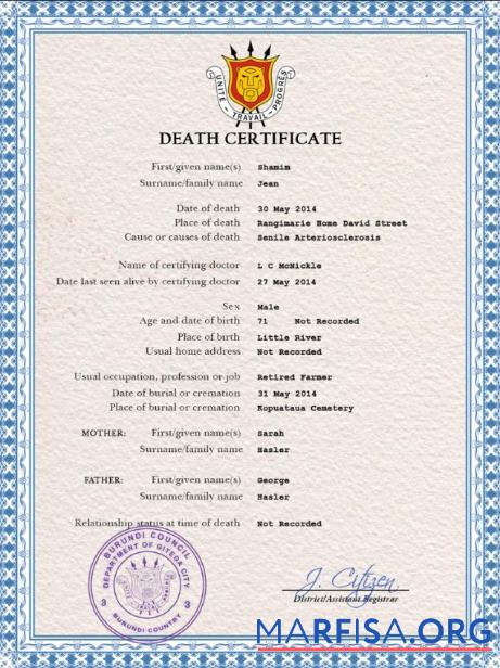 Blank Burundi vital record death certificate PSD template